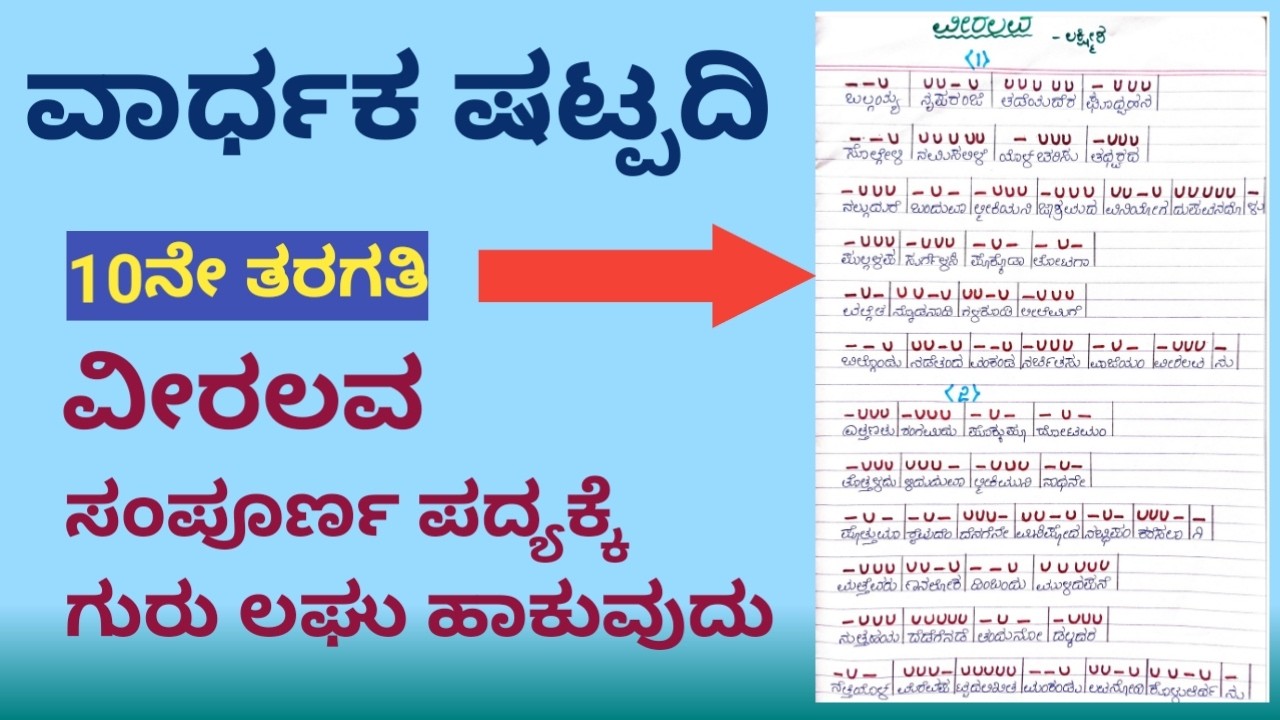 ವೀರಲವ ಪದ್ಯಕ್ಕೆ ಗುರು ಲಘು ಹಾಕುವುದು || ವಾರ್ಧಕ ಷಟ್ಪದಿ || ವೀರಲವ ಪದ್ಯಕ್ಕೆ ಪ್ರಸ್ತಾರ ಹಾಕಿ ಗಣ ವಿಂಗಡಿಸುವುದು ||
