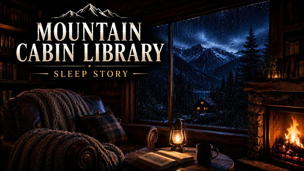 Cozy Cabin Library on a Rainy Night 🌙 Deep Sleep Story | Fireplace Sounds