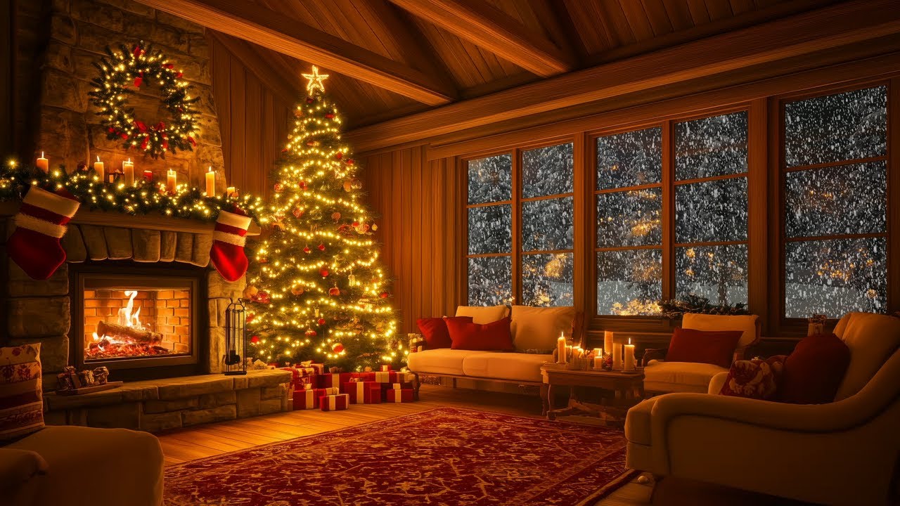 Silent Christmas Night in Cozy Cabin with Fireplace | Smooth Christmas Jazz for Relax and Sleep