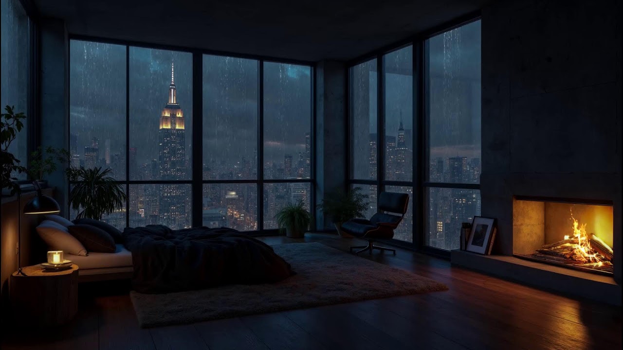 Soft Urban Rain in New York City⛈️Cozy Bedroom Sleep Ambience & Fireplace, Rain Sounds For Sleeping
