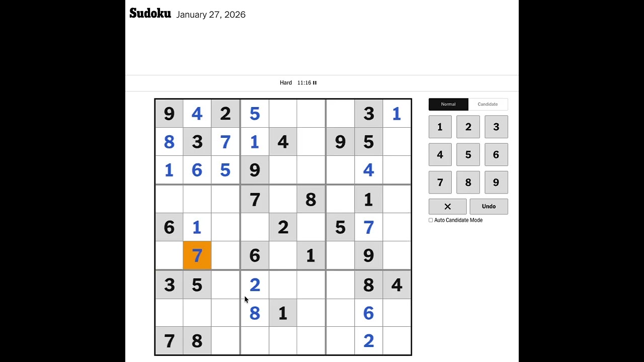 New York Times Sudoku Hard Solution for January 27, 2026: Solving without Markings