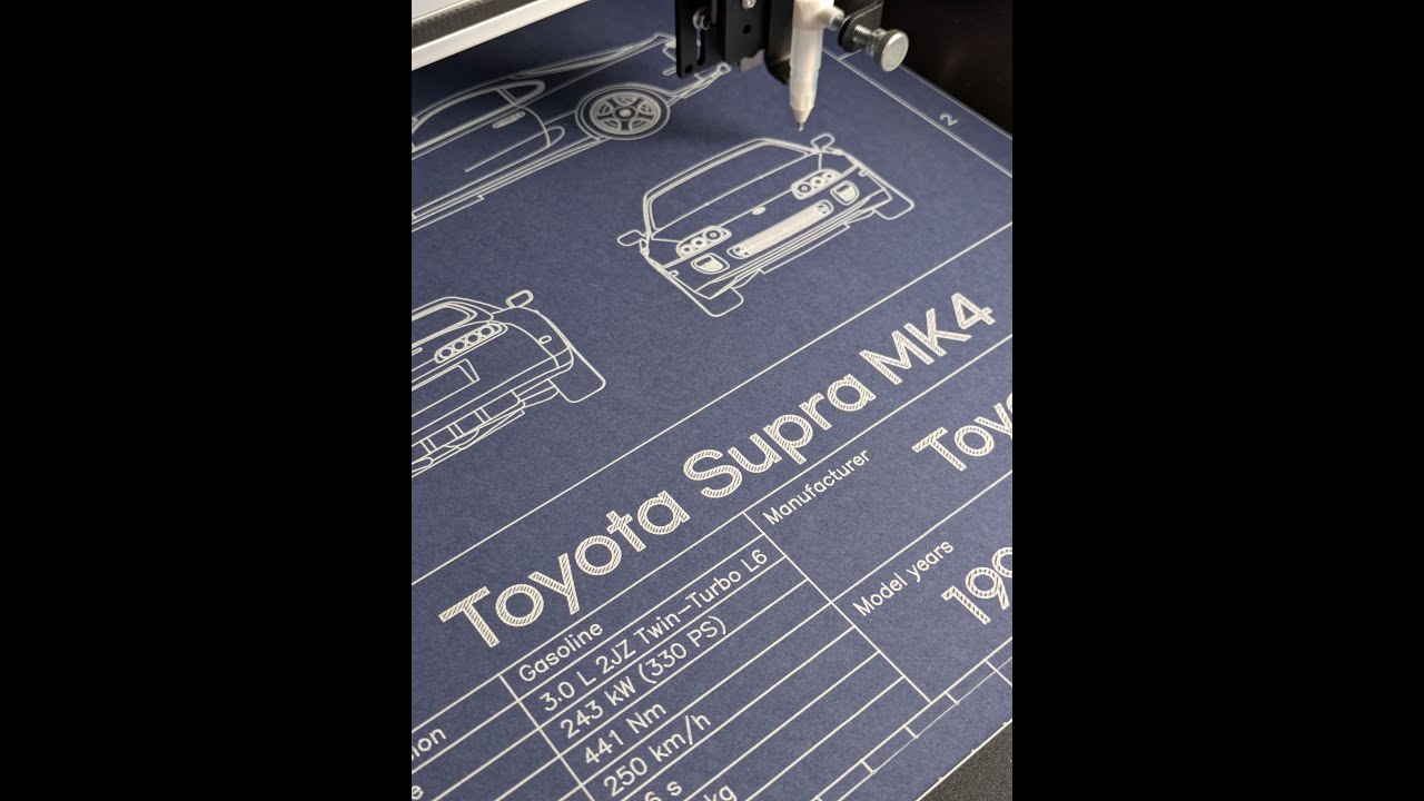 🚗​ Toyota Supra MK4 Blueprint by Pen Plotter ✍️ 