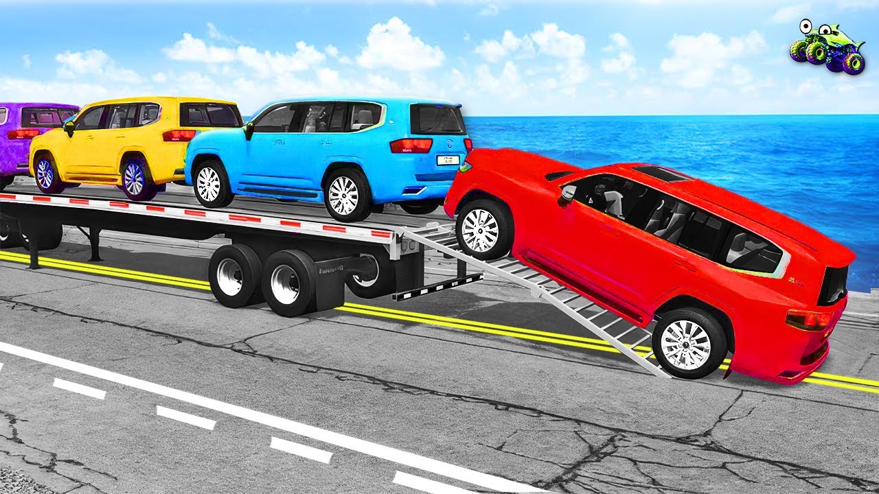 Heavy Transport Truck with Triple Flatbed Trailer - Speedbumps vs Cars vs Train | BeamNG #11 🏁