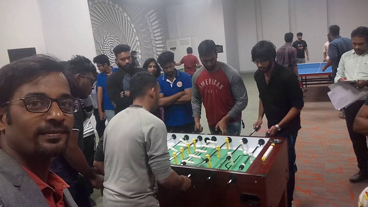 Chennai Sports Emcee Thamizharasan hosting foosball table football match at OMR