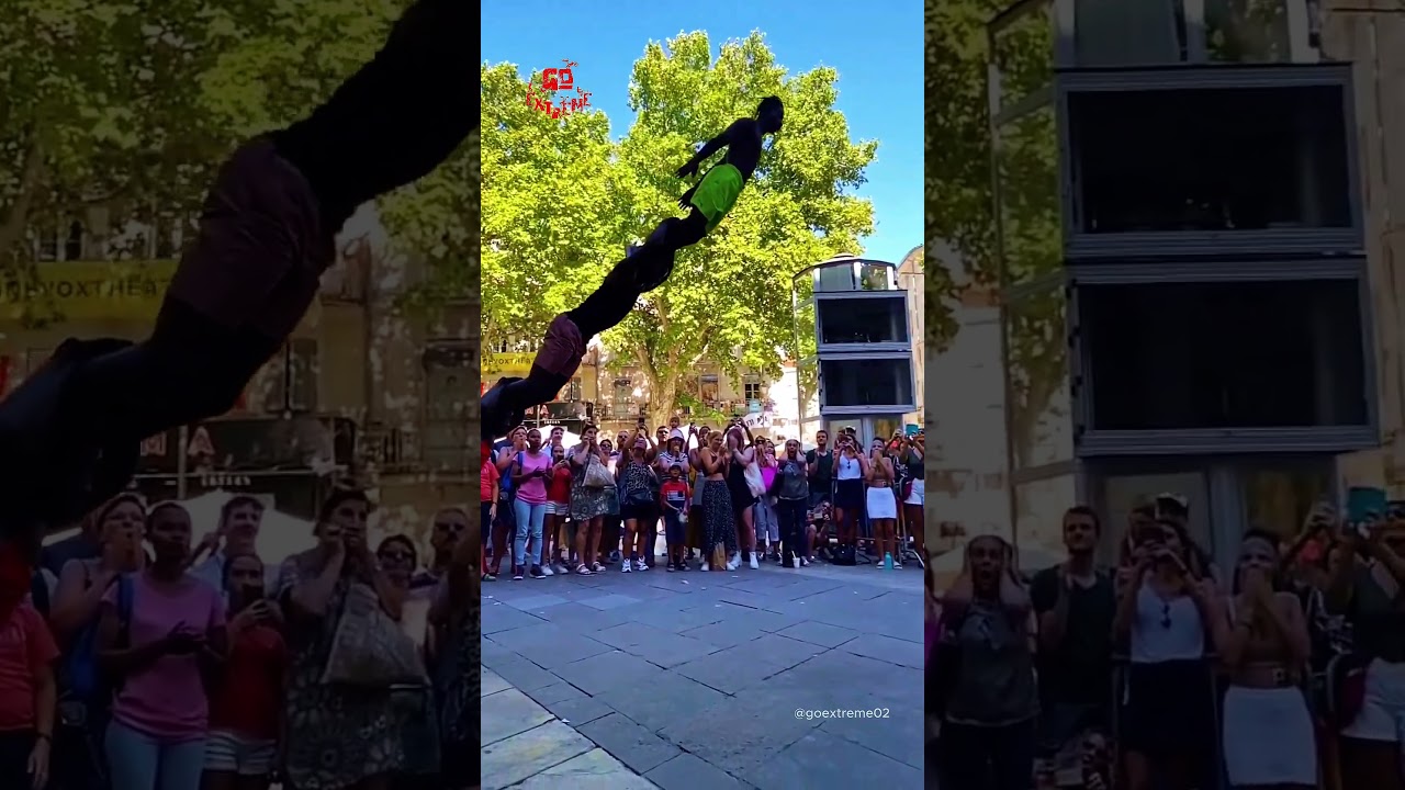 Incredible 3-man tower launch! 😱 Amazing street acrobats #acrobatic #stunt #streetperformer #amazing