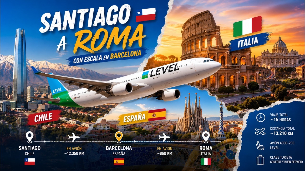 ✈️ Vuelo completo SANTIAGO a ROMA 🇨🇱🇮🇹 - Chile - España - Italia 🛫 Volando con Level y Vueling