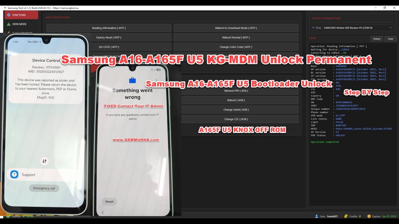 Samsung A16-A165F U5 KG-MDM Unlock Permanent