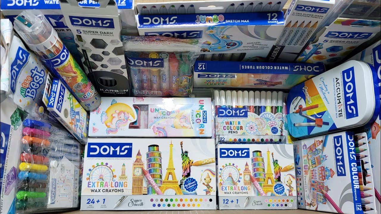 Box Full Of Doms Stationery Collection, Water Colour, Wax Crayons, Doms Kit, Geometry box, Pencilbox