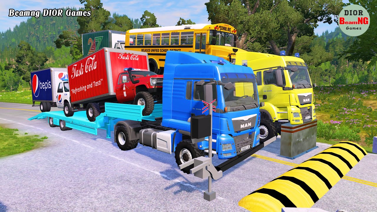 Double Flatbed Trailer Truck vs speed bumps|Busses vs speed bumps|Beamng Drive|1195