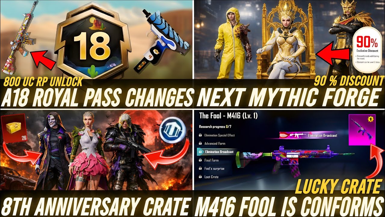 🔴 NEXT MYTHIC FORGE 90% DISCOUNT🫢✅ | A18 ROYAL PASS LEAKS🔥 | 8TH ANNIVERSARY CRATE😍 | M4 FOOL RETURN