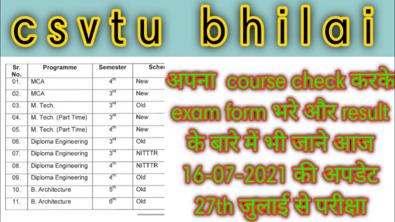 csvtu Exam form update 16-07-2021 MCA,MTECH,DIPLOMA,B.ARCH. #csvtu #examform2021 #Apr_May2021 #reslt