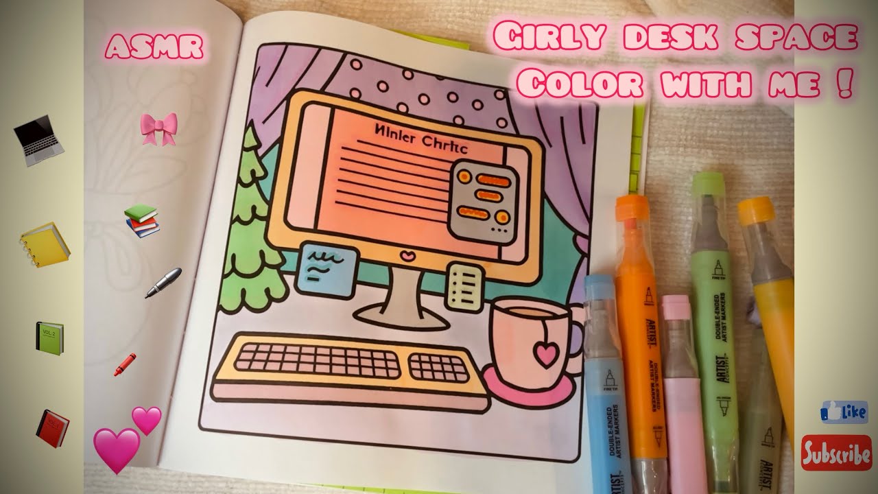 Color with me girly desk space | girly dream room 🎀✨| ASMR  ☺️    #asmrcoloring #coloringbook 