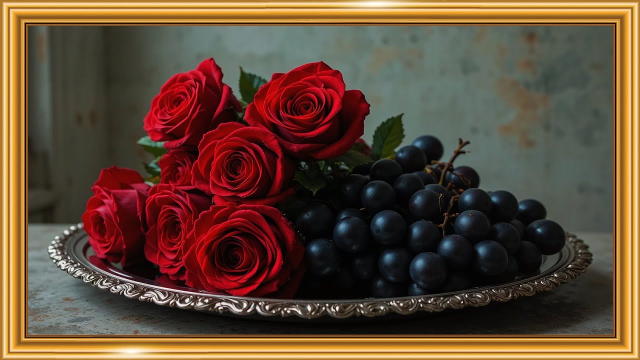 Premium Framed Artwork | Red Roses Grapes Elegant TV Screensaver 4K