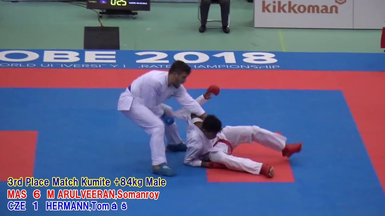 Karate FISU 2018 3rd Place Match Kumite +84kg Male Somanroy M ARULVEERAN(MAS) vs Tomáš HERMANN(CZE)