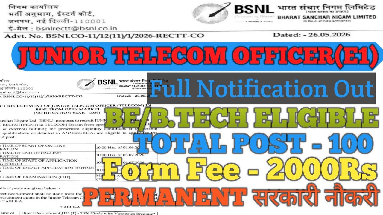 | BSNL Junior Telecom Officer (JTO) Vacancy Notification 2026 | Salary, Syllabus Detail Analysis |