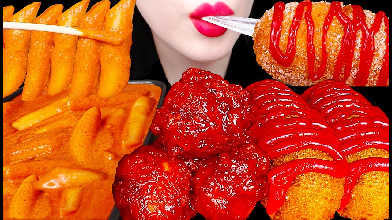 ASMR Spicy Rice Cake, Fried Chicken, Corn Dog 로제 떡볶이 핫도그 양념 치킨 닭다리 먹방 Mukbang, Eating