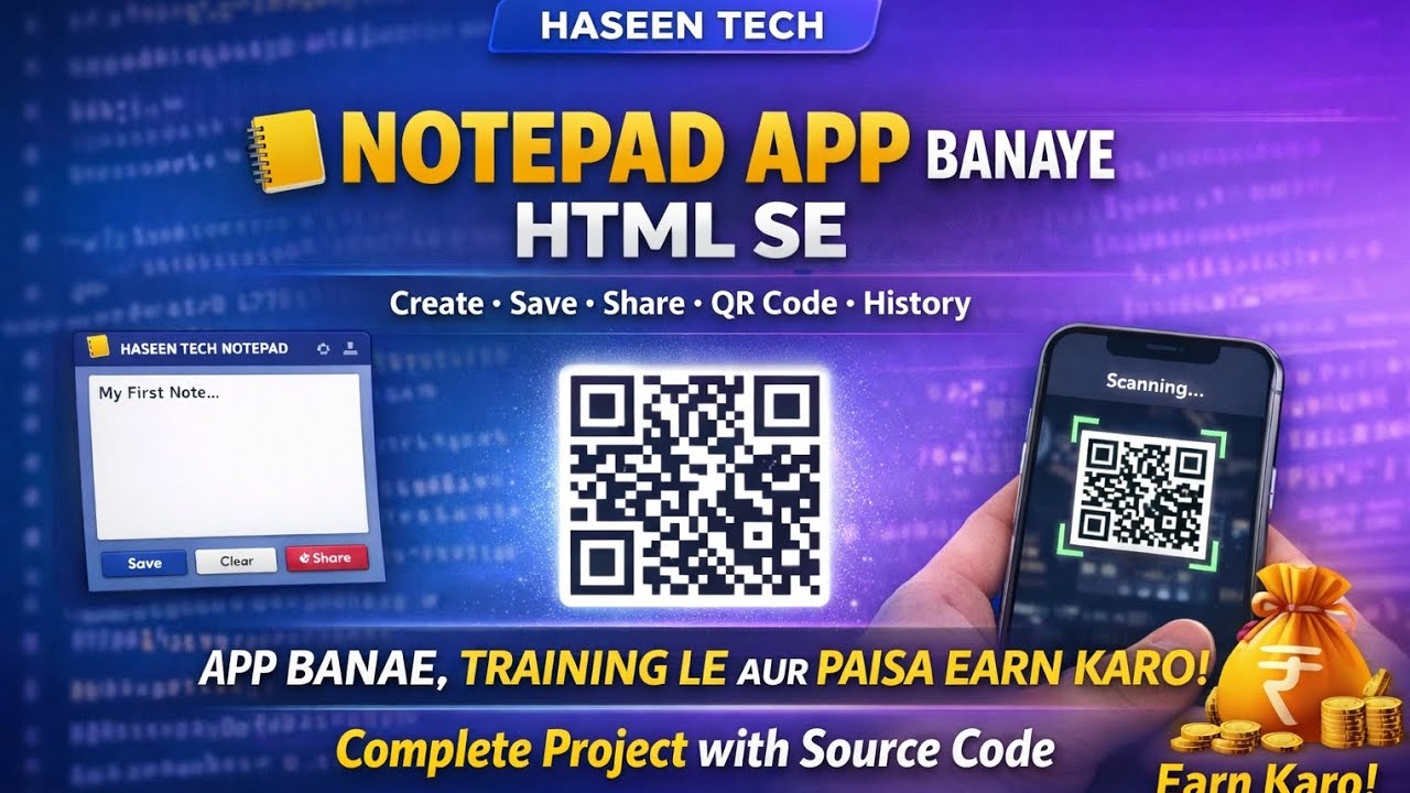 Notepad App Kaise Banaye HTML Se | QR Code + Save + Share | App Banakar Paise Earn Karo 💰 