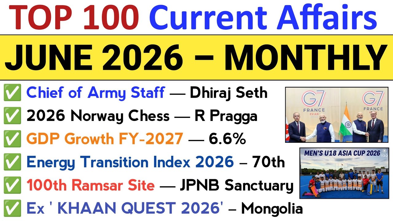 June 2026 Monthly Current Affairs | June Current Affairs 2026 | Top 100 MCQs Current Affairs 2026