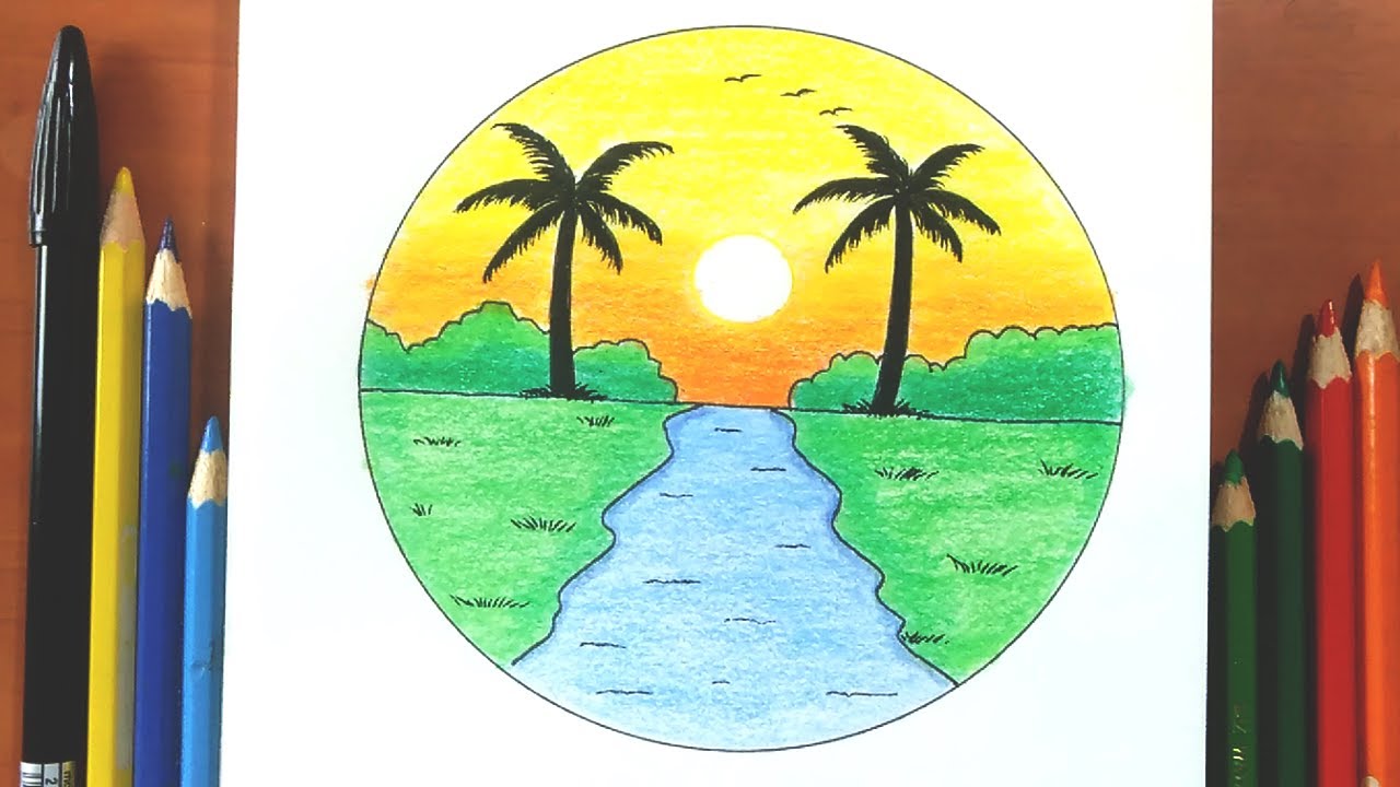رسم منظر طبيعي | تعلم كيف ترسم منظر طبيعي سهل للمبتدئين بالالوان الخشبية | رسم سهل | تعليم الرسم