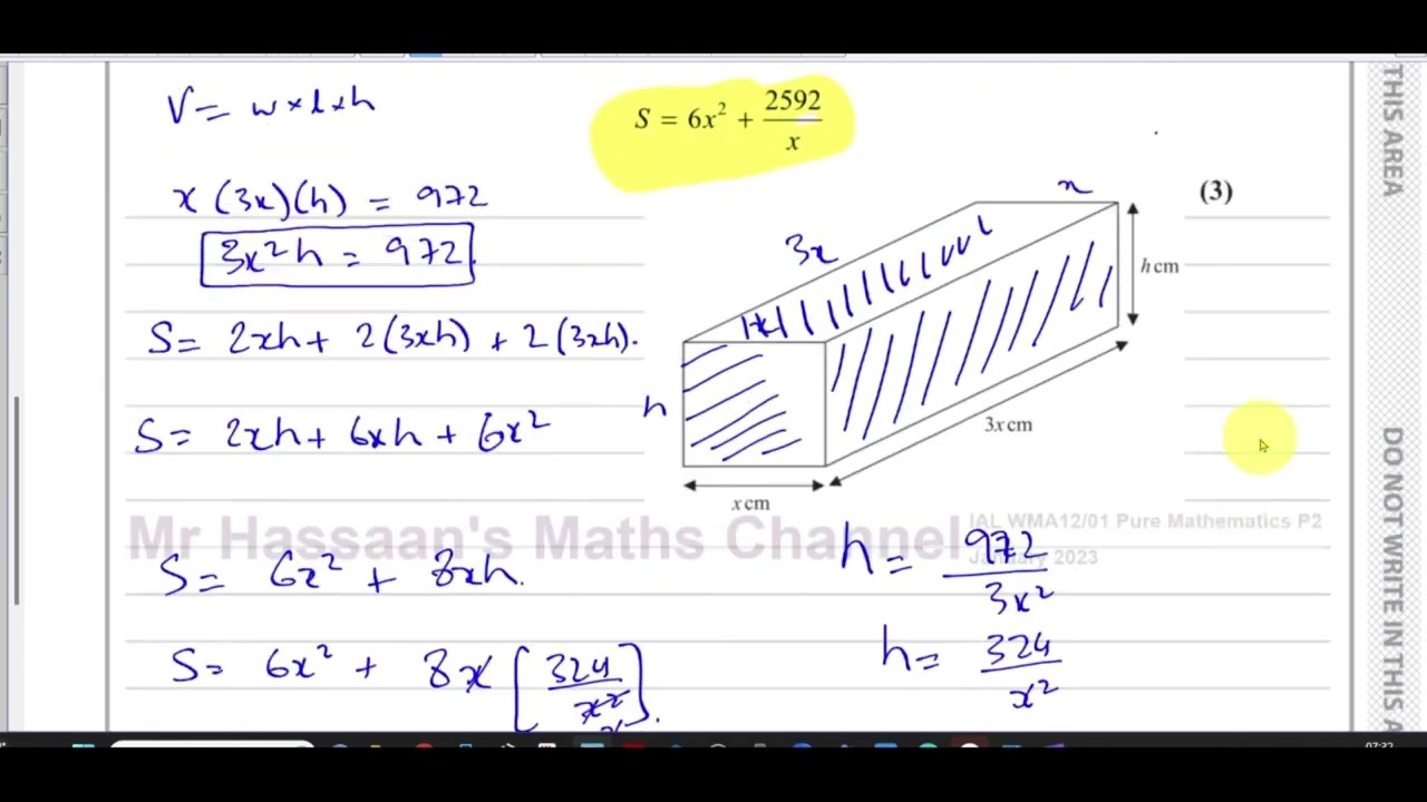WMA12/01 (Edexcel) IAL P2 January 2023,  Q2, Differentiation, Applications, Optimisation