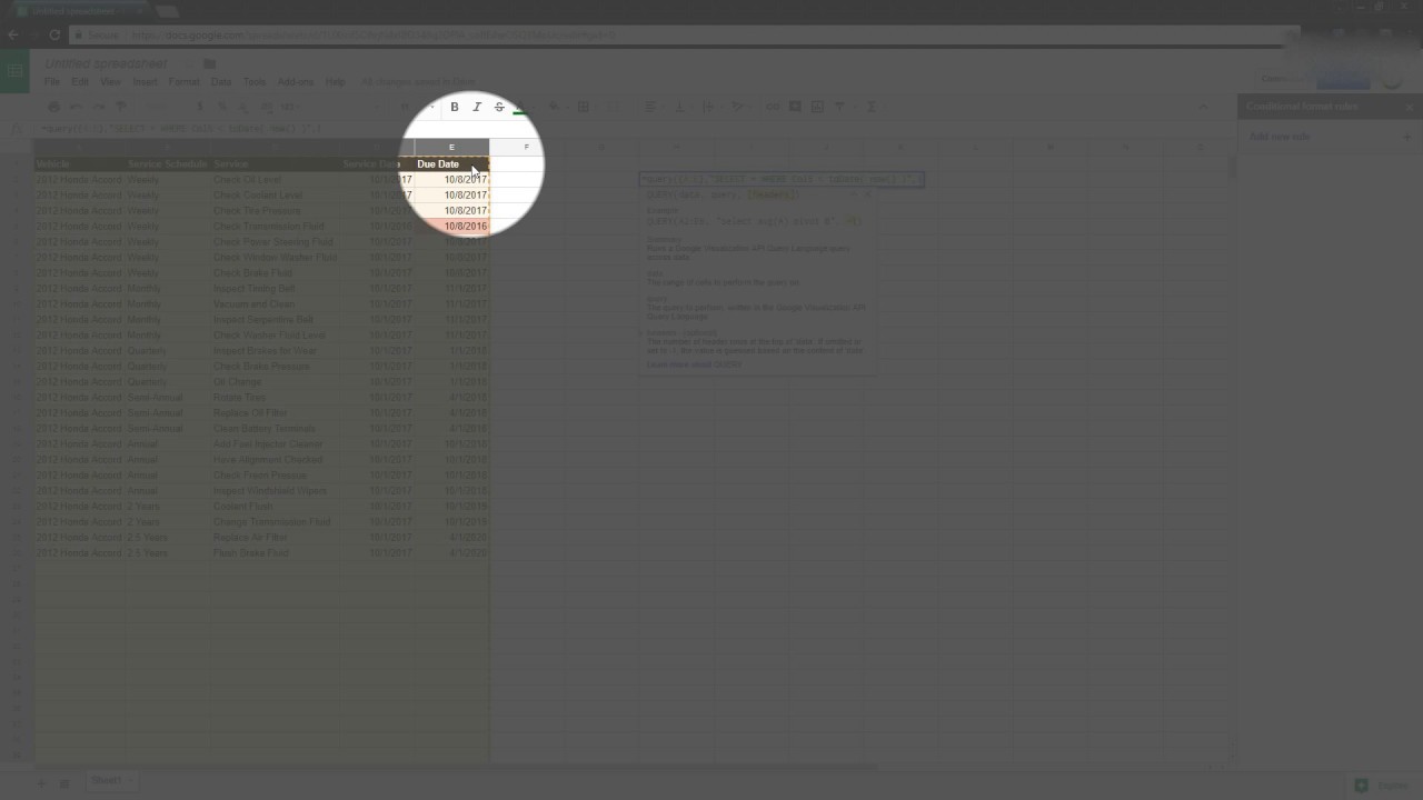 Google Sheets Auto Maintenance Schedule