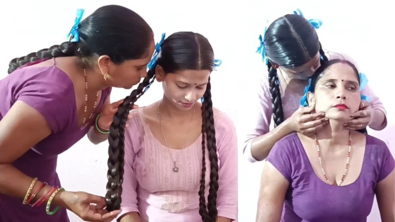 Village ladies oilinghair & making twinbraids with ribbons #smellinghair To buy wtsap+91 9154004797