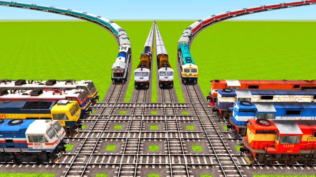 TWELVE TRAINS FACE TO FACE DOING CROSSING ON DIAMOND TRACKS AND FLYING TRACKS|Train simulator|
