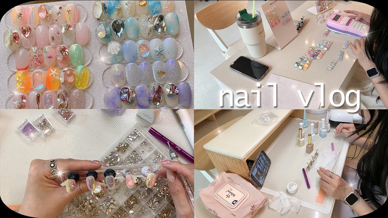 Nail vlog | 네일샵브이로그 (이달의아트 만들기의 반복, 네일스티커 정리하기, 네일재료 택배 언박싱, 웨이트 시작💪)