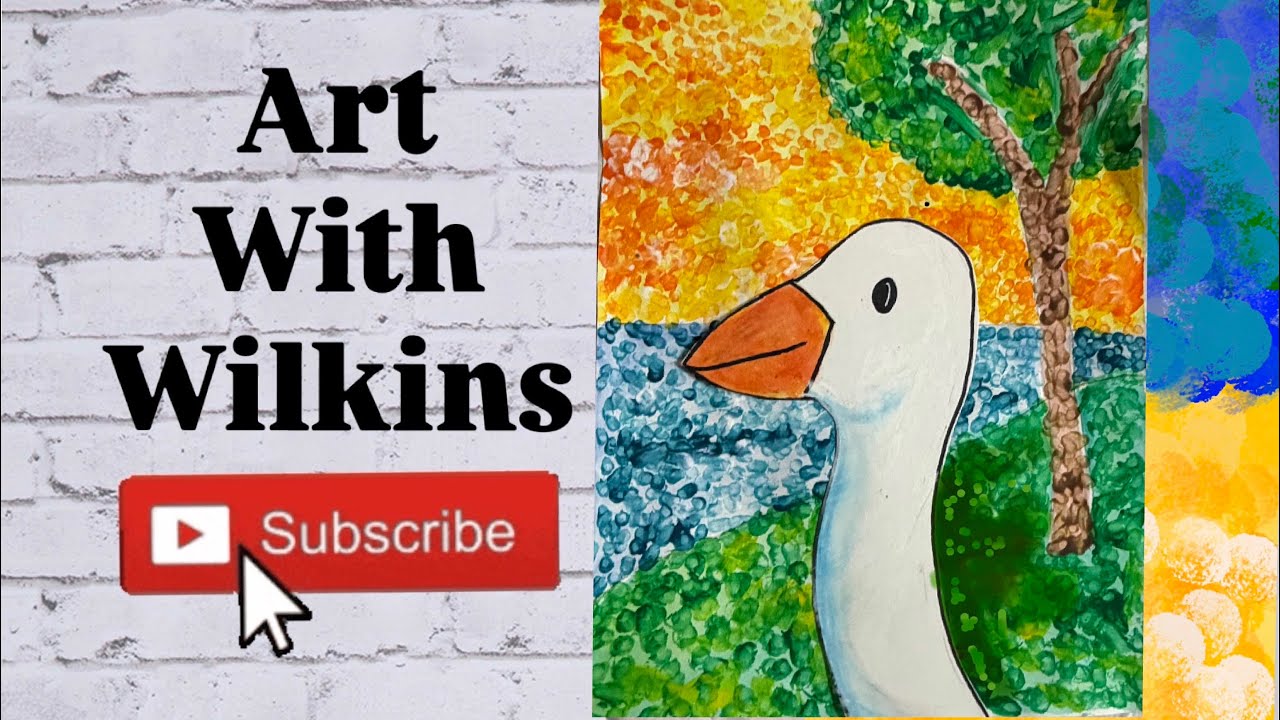 Seurat inspired pointillism landscape with goose elementary art