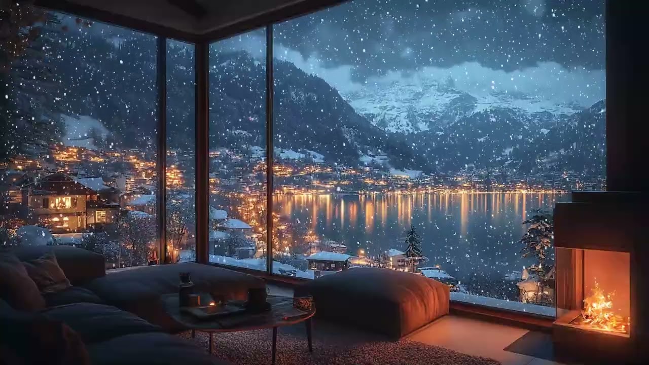 Gentle Snowfall ASMR | Soft Winter Night by the Lake & Warm Fireplace Sounds