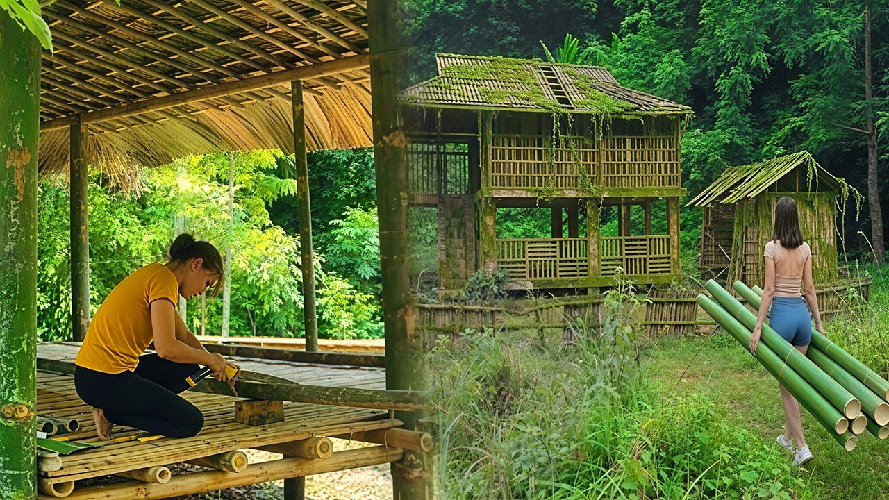 Single Women Building a Bamboo House Alone in the Forest | Sustainable Living and Traditional Skills