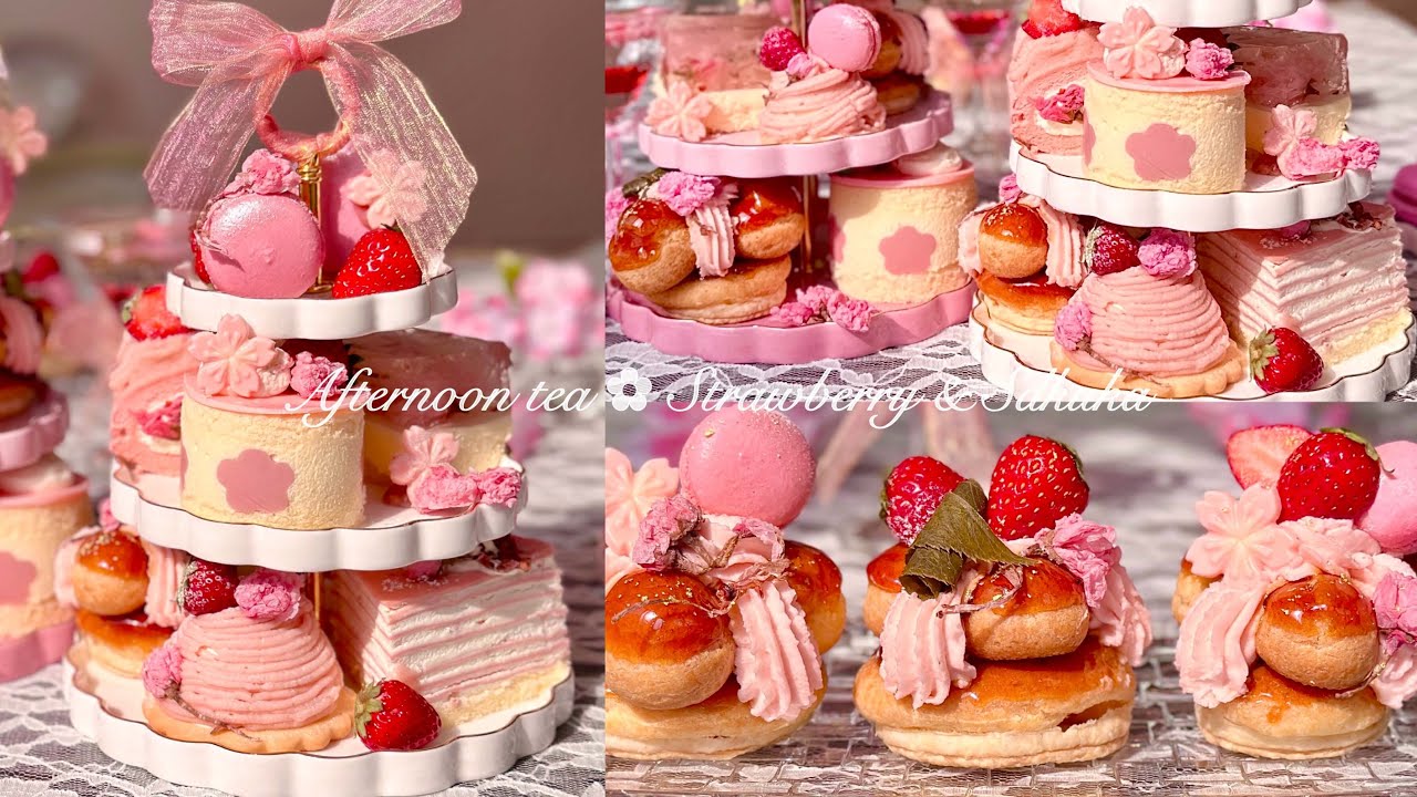 ꒰🌸苺と桜のアフタヌーンティー💗꒱ミニケーキ6種類で春を感じました🍓🍰🌼💛