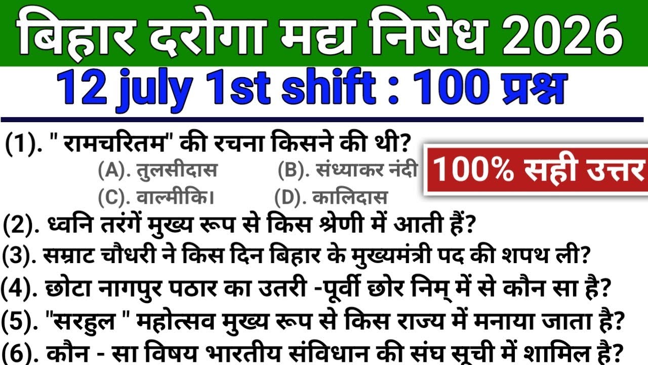 Разбор и ответы на тест Bihar Daroga Madhya Nishedh за 12 июля 2026 года, 1-я смена // Bihar Poli...