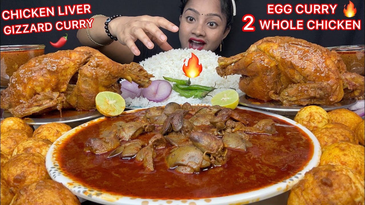 ASMR 🔥 CHICKEN LIVER CURRY, TAWA EGG MASALA, 2 BIG WHOLE CHICKEN WITH RICE EATING 🤤🌶️ BIG BITES 😋