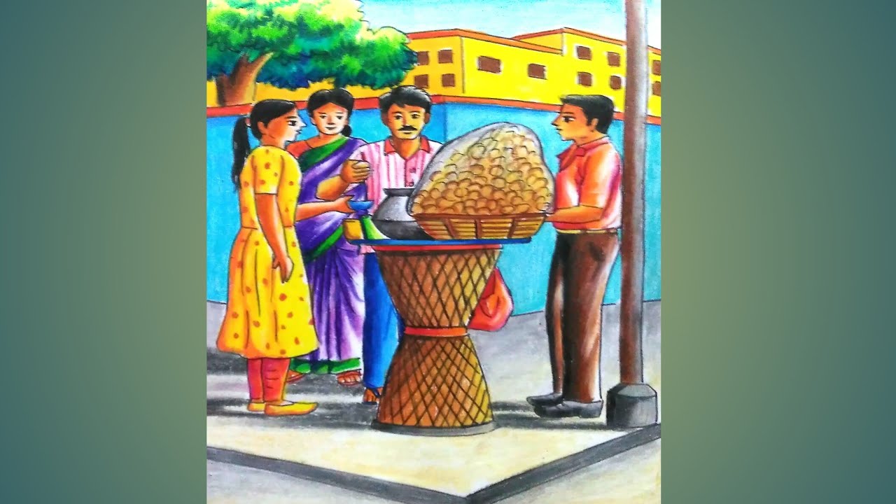 How to draw fuchka seller step by step/pani puri wala drawing easy with colour