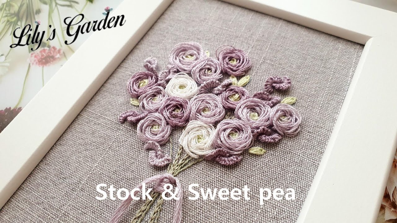 Eng sub 나홀로 프랑스자수 no. 67 스토크&스위트피 Stock & Sweet pea flowers embroidery, 스템 로즈 스티치, 캐스트온 스티치
