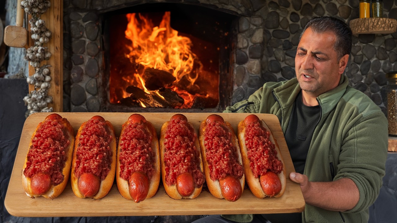 Giant Chili Dogs Cooked Over Open Fire — Wilderness Style Hot Dogs!