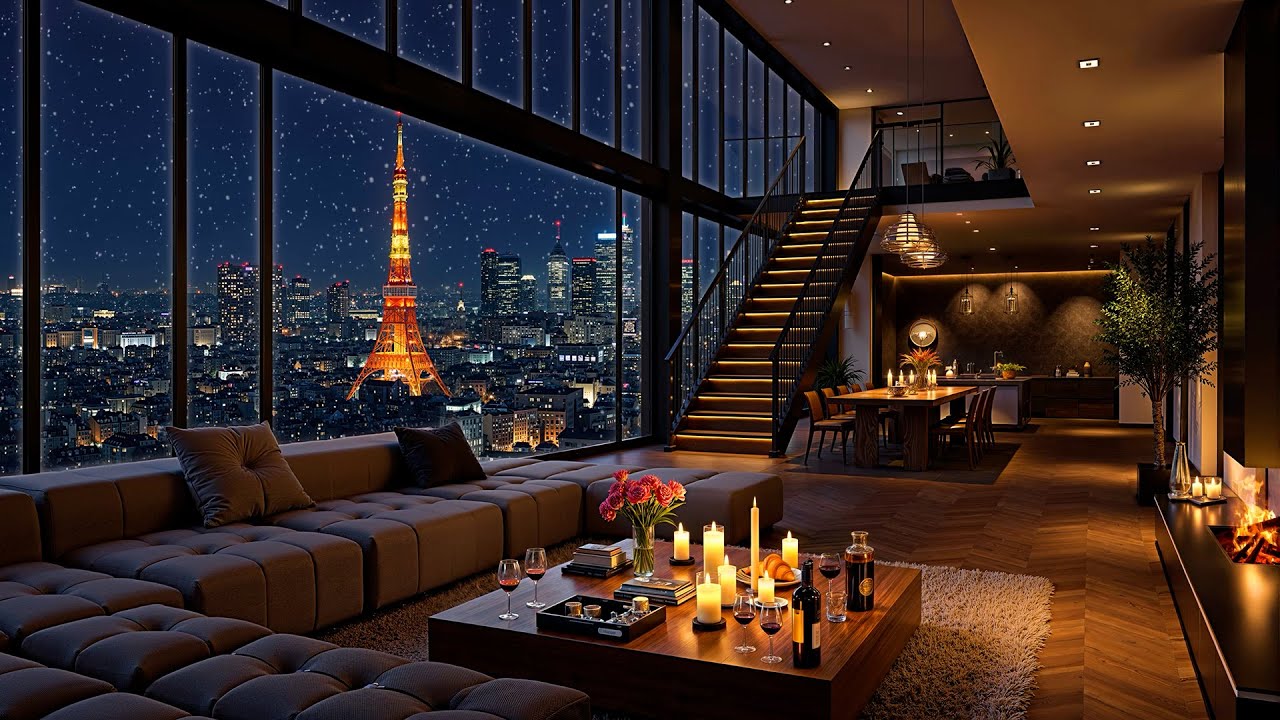 Tokyo Snowy Night ❄ Relax in Luxury Apartment with Smooth Jazz Saxophone & Fireplace Sounds