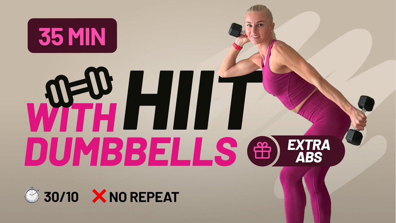 35 Min Best HIIT DUMBBELL WORKOUT + Extra TABTA ABS - Full Body, No Repeat, Home Workout