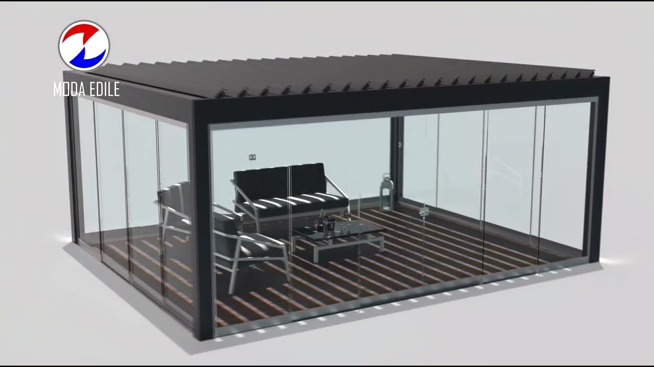 video pergola bioclimatica autoportante con vetrate scorrevoli luci led