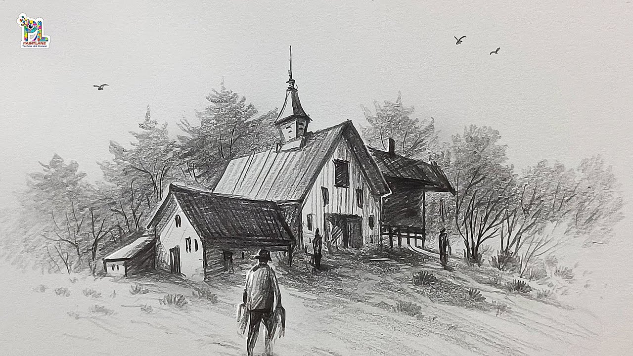 Pencil Drawing Houses in Scenery Art