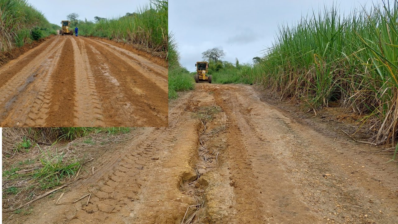 Ladeira com erosões motoniveladora  trabalhando/motor grader/patrola/niveleuse/patrol/