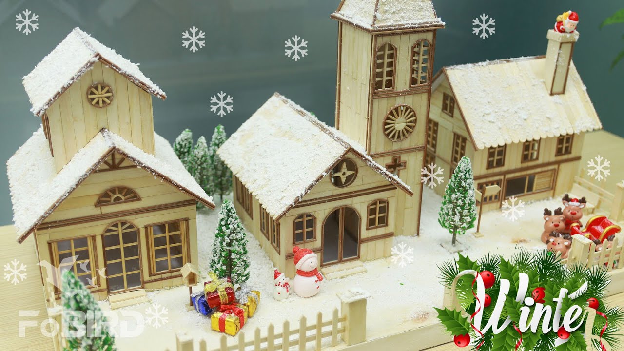 How to make a Popsicle stick House with Snow for Christmas and winter by FoBIRD