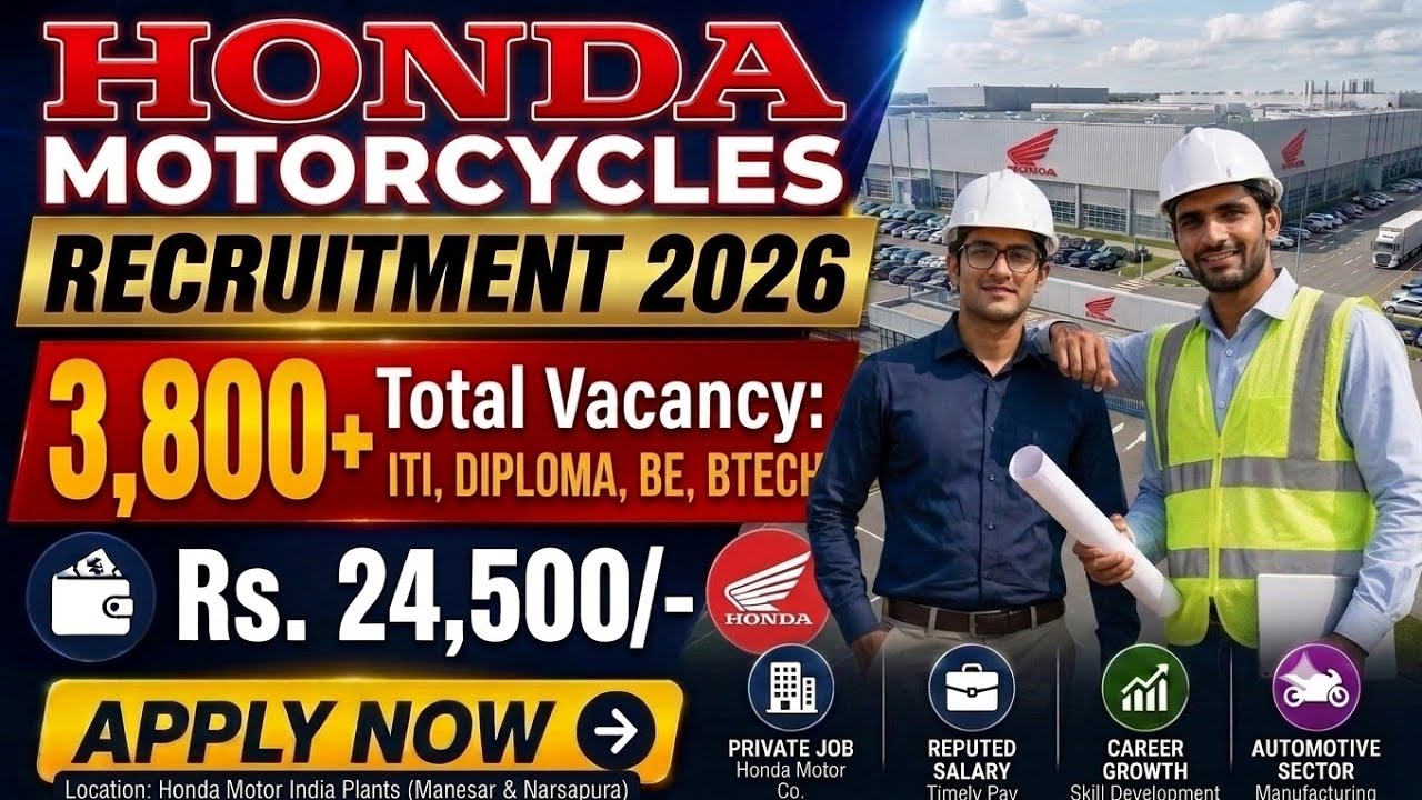 🚀 Honda motorcycles 2 wheeler Recruitment 2026🚀 | 3,800+ Vacancy | Salary ₹24,500 | Direct Joining!💼