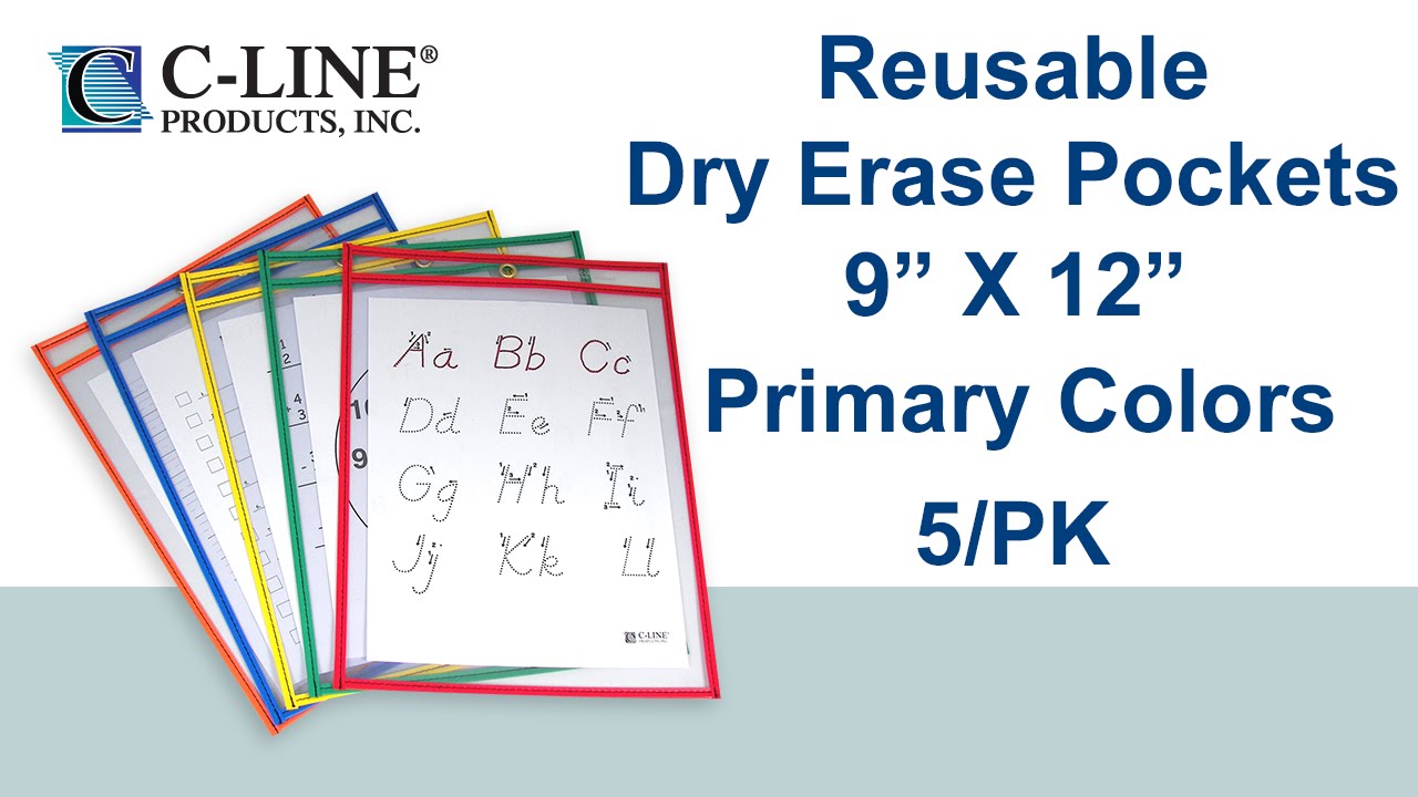 Reusable Dry Erase Pockets, Assorted Primary Colors, 9 x 12, 5/PK - C-Line Products - 40630