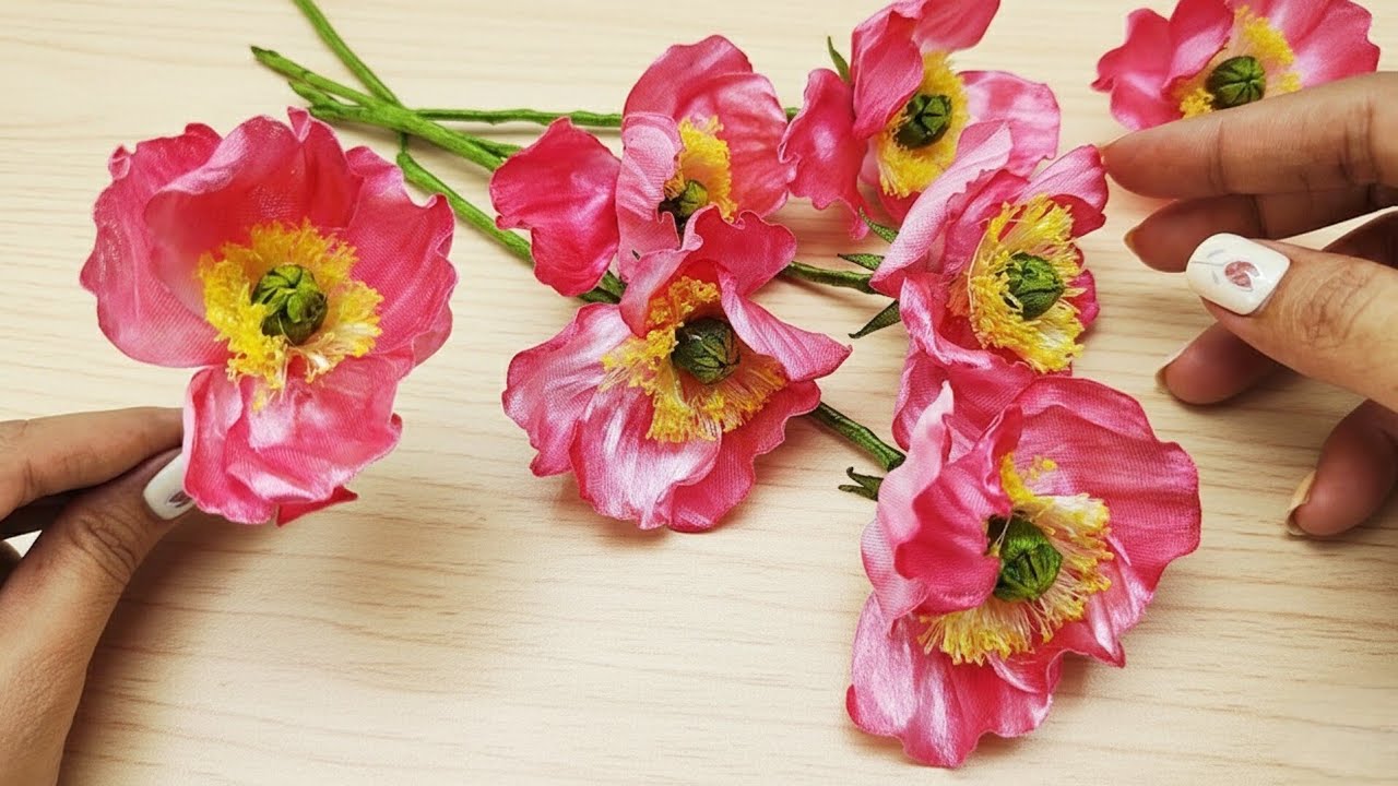 DIY ribbon poppies/how to make beautiful poppy flower with satin ribbon/flower making tutorial