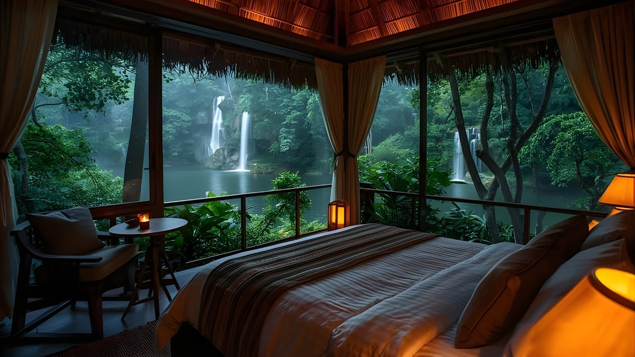4k Rainforest Waterfall View from a Cozy Bedroom 🌧️🍃 | Deep Sleep, Relaxing Rain & Nature Sounds