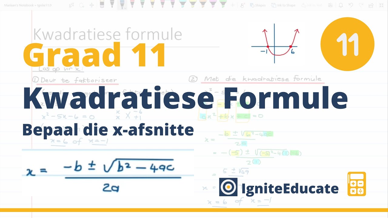 Kwadratiese formule (Graad 11 Wiskunde): Bepaal die X-afsnitte van 'n parabool  | Vierkant Formule