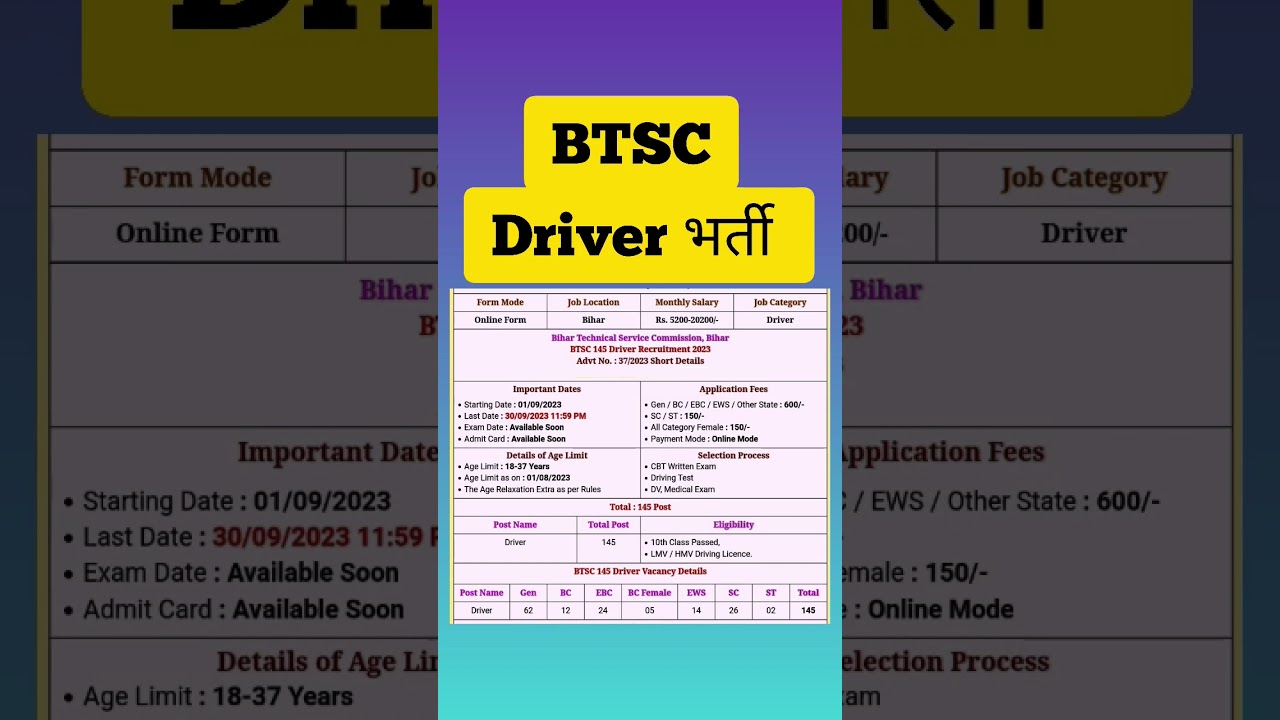 bihar btsc driver vacancy 2023 |bihar driver vacancy 2023 |bihar new vacancy 2023 #govtjobs