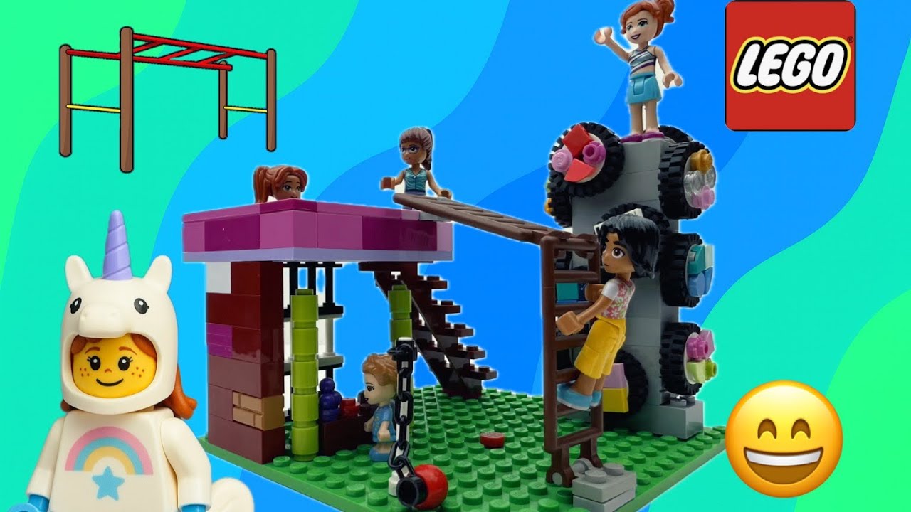 This LEGO playground has monkey bars, a tire climbing, wall, & more!